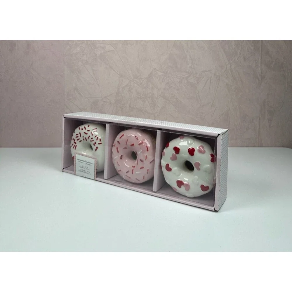 Cupcakes & Cashmere Valentines Donut Sprinkle Love Hearts Ceramic Decor Set of 3